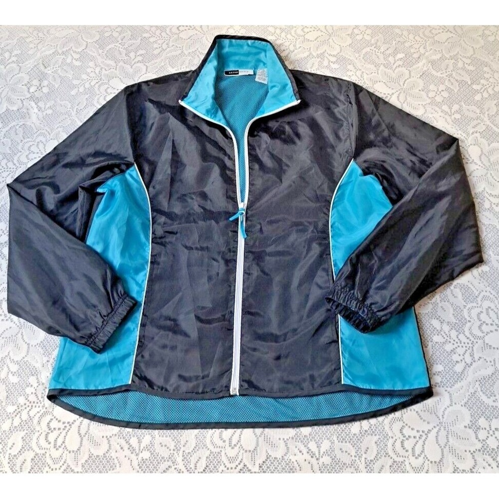 Active Studio Black & Teal Track Jacket Womens M Full Zip Mesh Lined Pre-owned